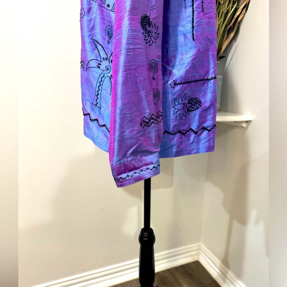 Bleu Bayou Purple Dupioni Silk Blouse Black Hand Beaded Embroidered Palms Size L - Picture 4 of 8
